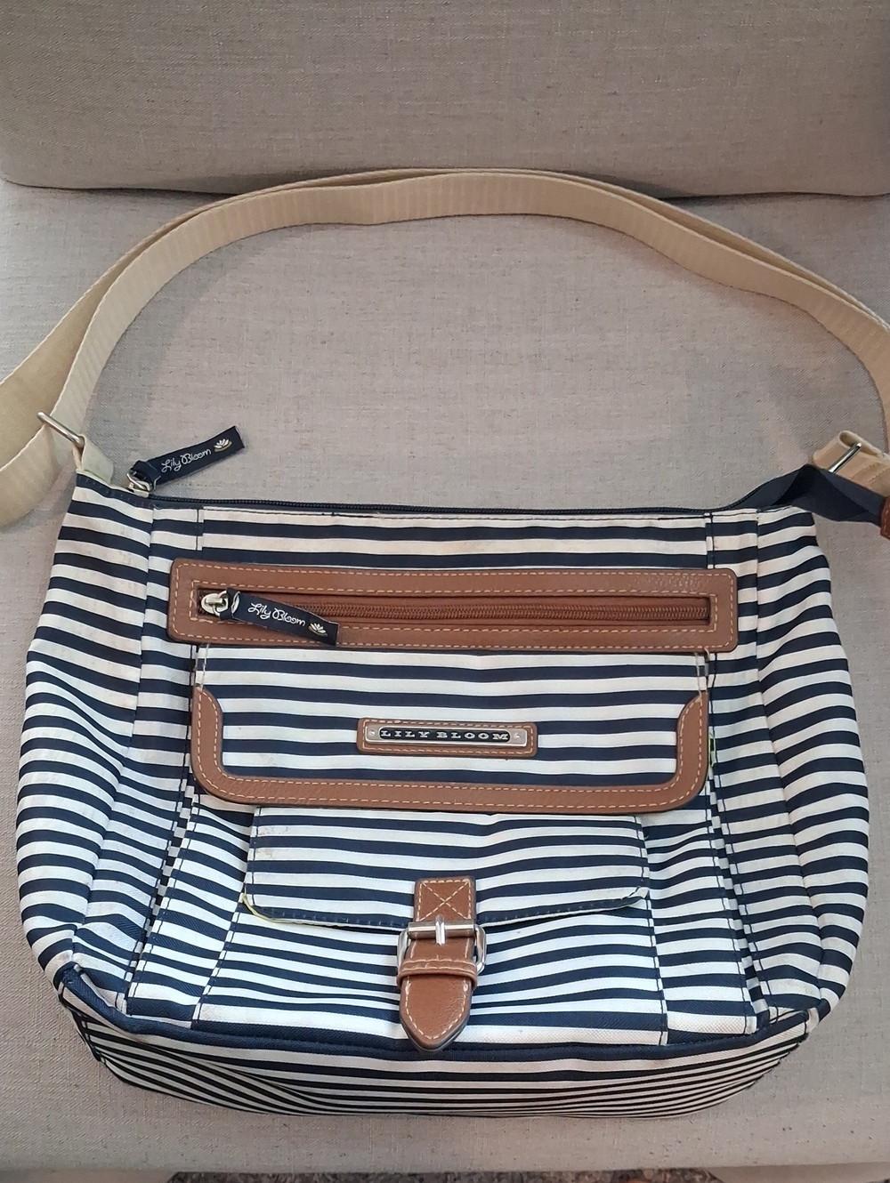 Lily Bloom Navy and White Striped Crossbody with Tan Trim